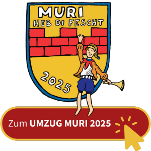 Heb di fescht – Muri 2025: Wappen von Muri mit Mauer und einer Person, die sich an der Mauer festhält und eine Trompete spielt.